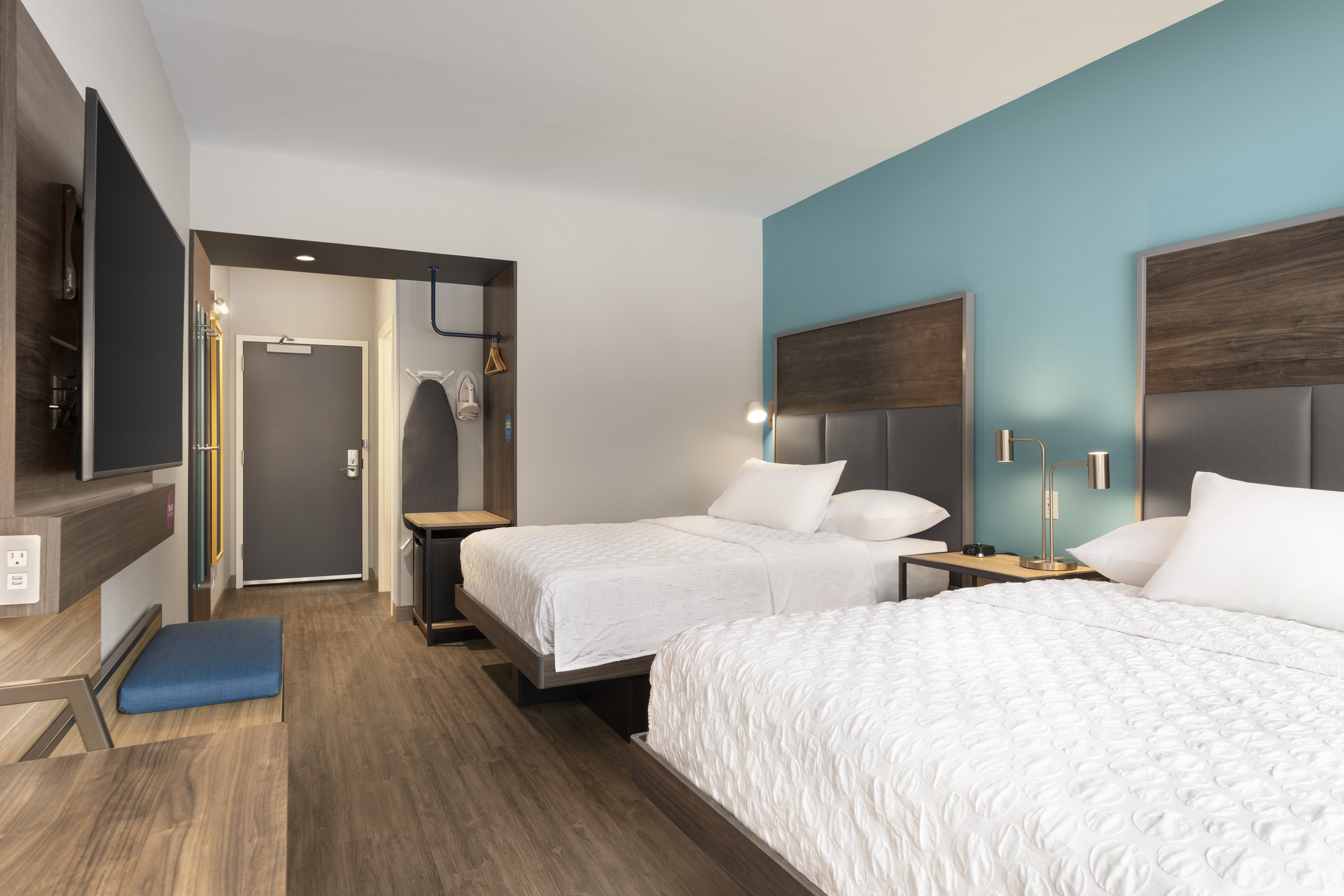 Two queen bed guest room, entrance in background
