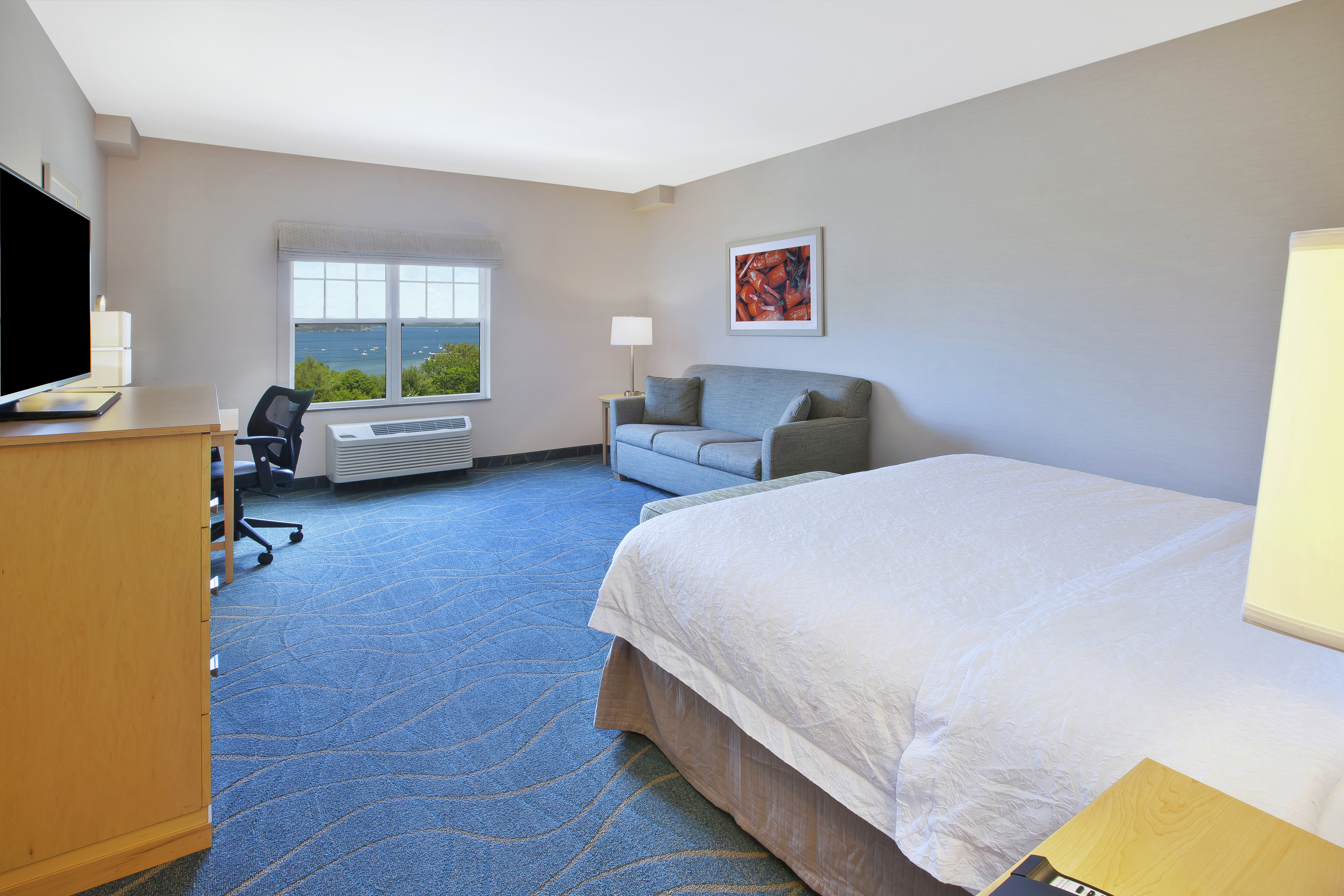 Guest Room with King Bed TV, Work Desk, Outside View, and Sofa
