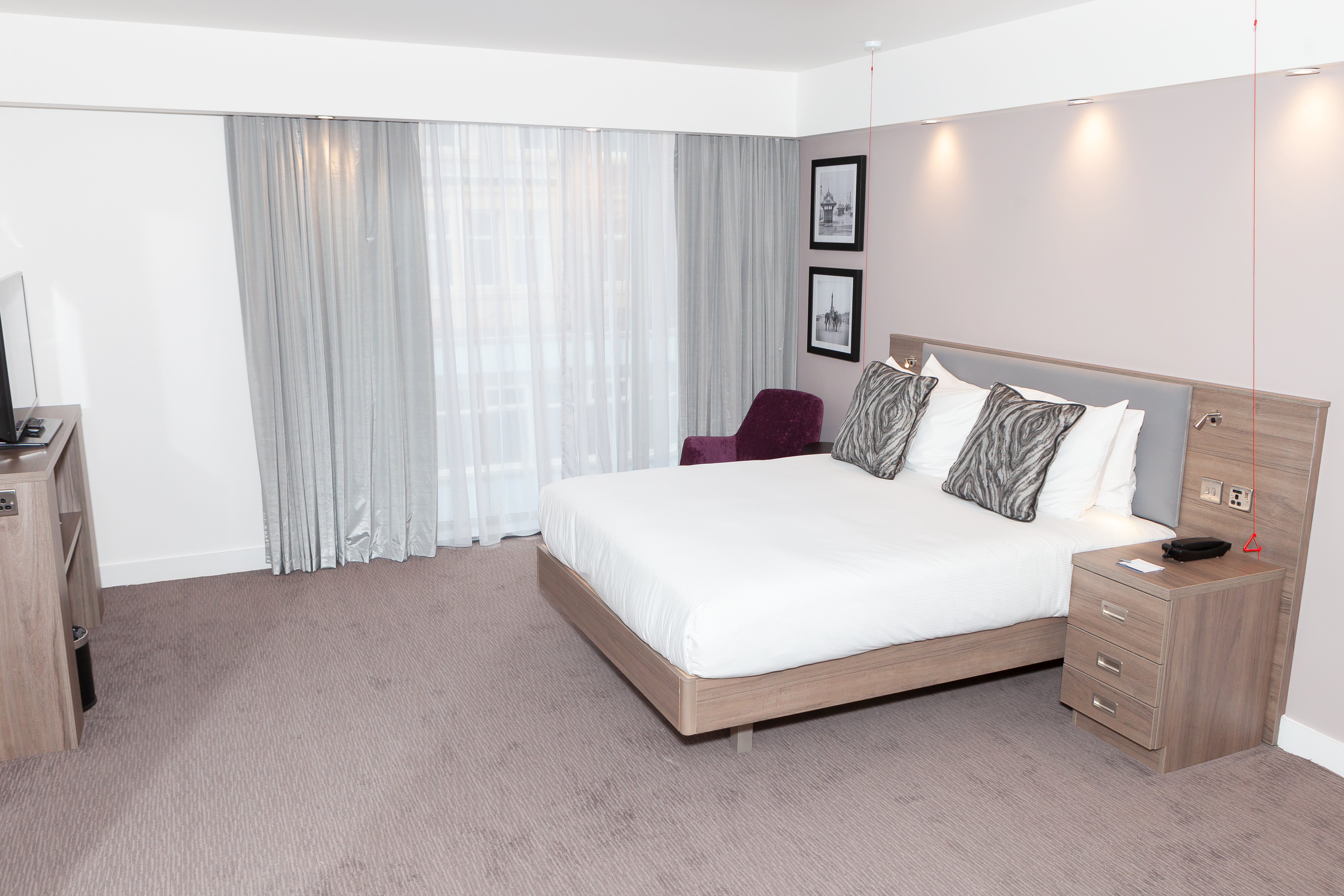 Accessible Guest Room with One Queen Bed, Nightstand, Soft Dark Purple Chair, Large Window with Sheers Pulled and TV