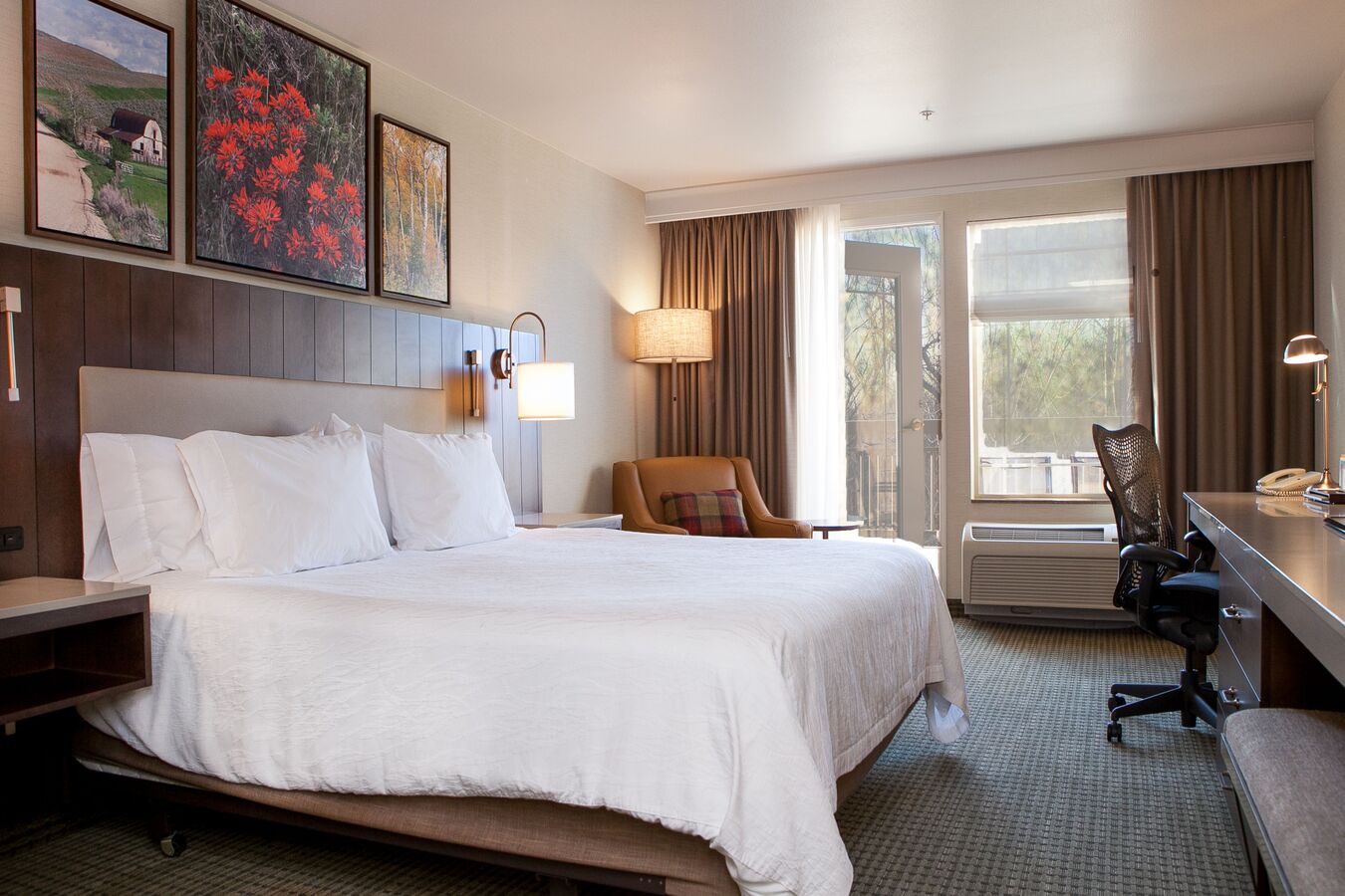 Guestroom with King Bed, Work Desk, Lounge Chair and Outside View