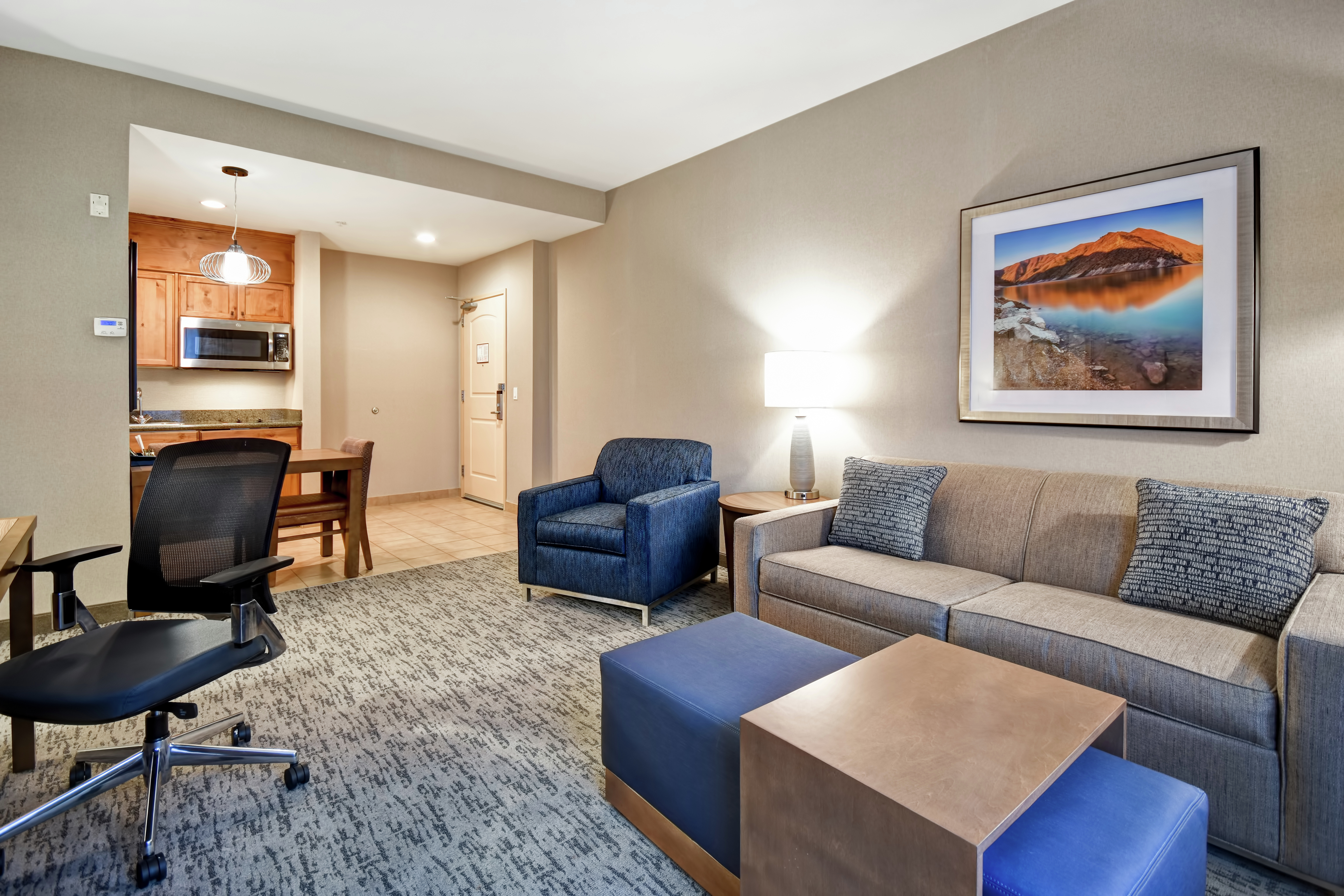 Suite Lounge Area, Work Desk, and Kitchen