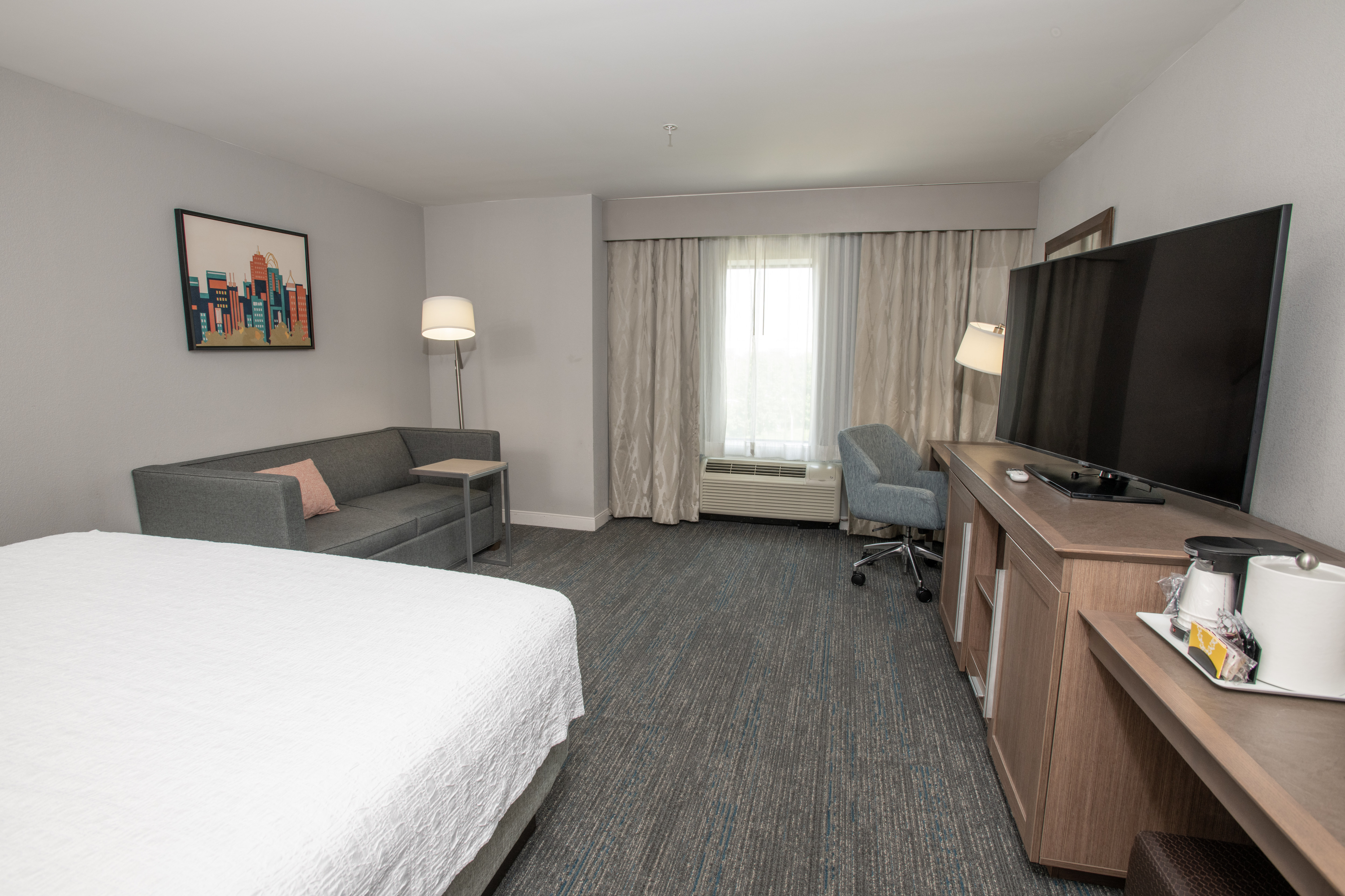 HDTV, Bed and Sofa in a Guest Room