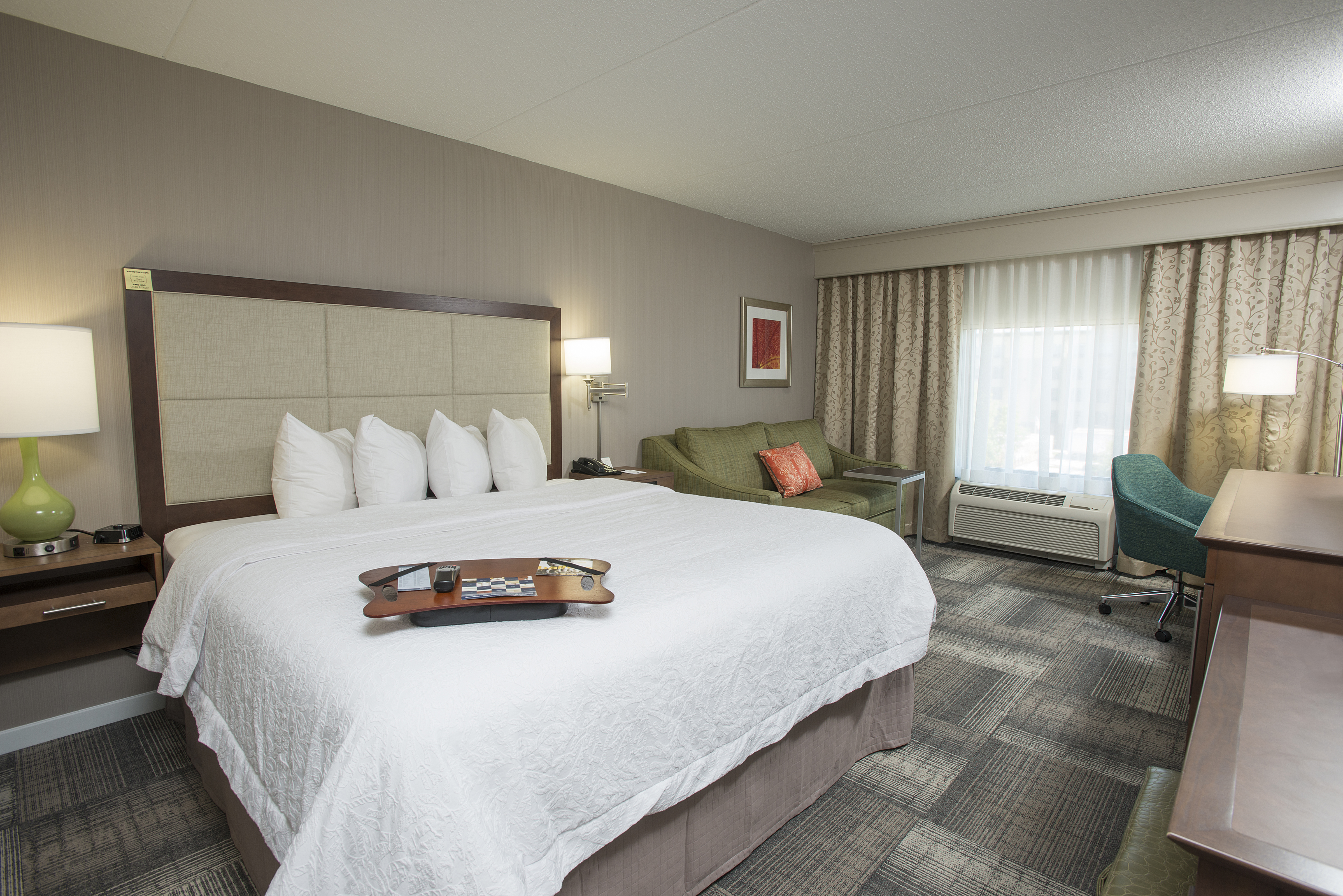  King Bed With Bedside Tables, Green Sofa and Laptop Table by Window, With Work Desk