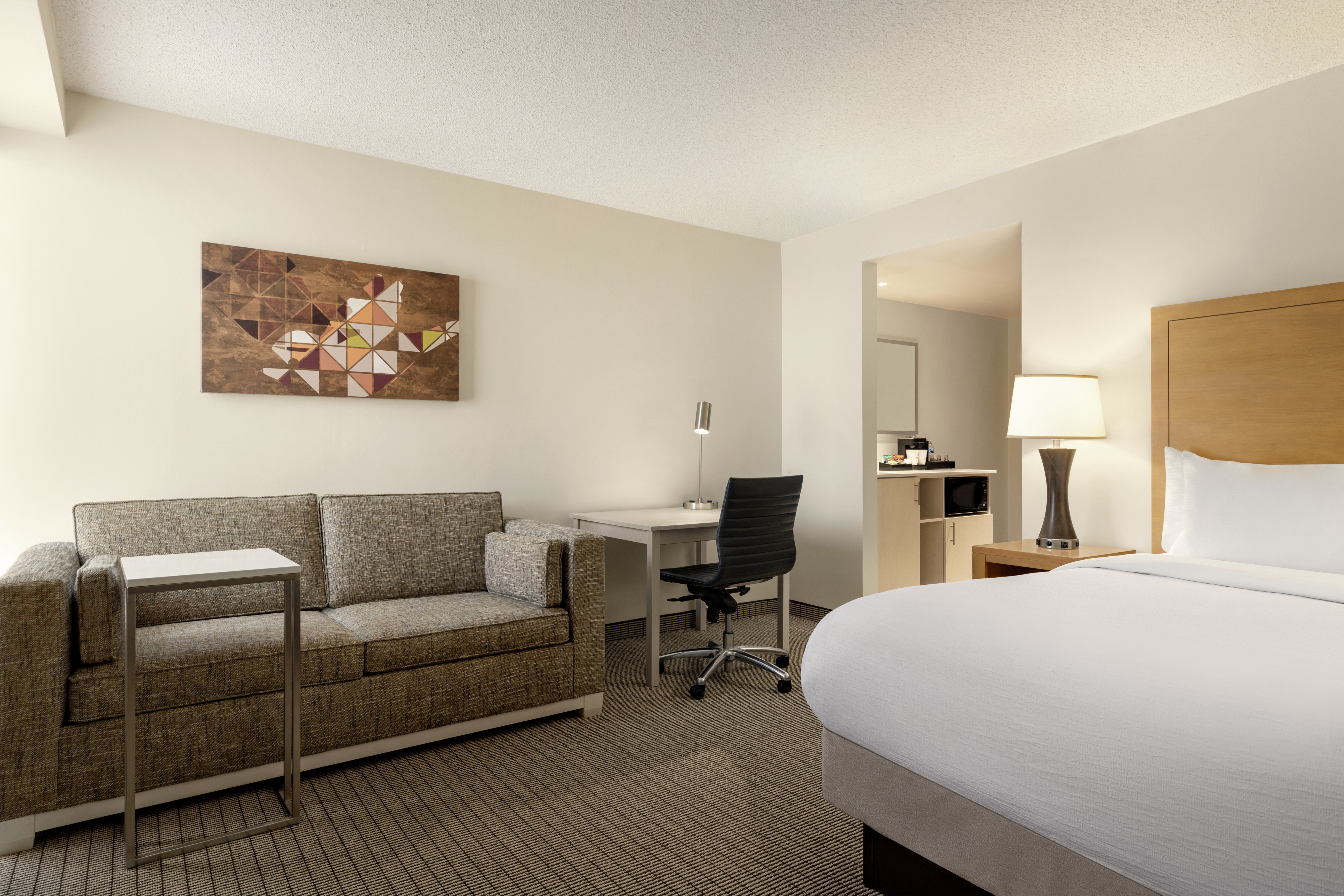 Spacious studio featuring comfortable king bed, work desk, and pullout sofa bed.