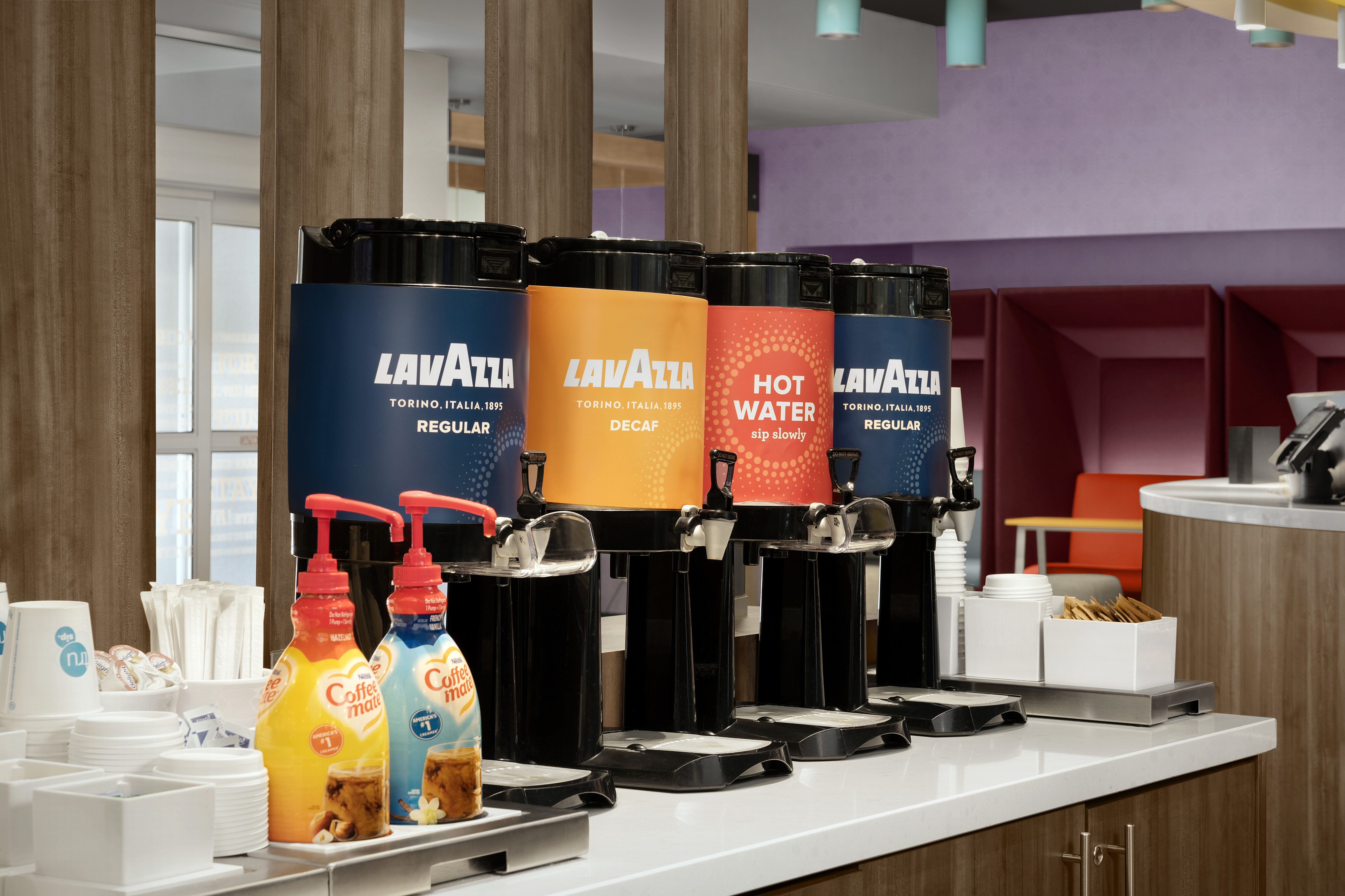 Close-up of coffee selection at breakfast.