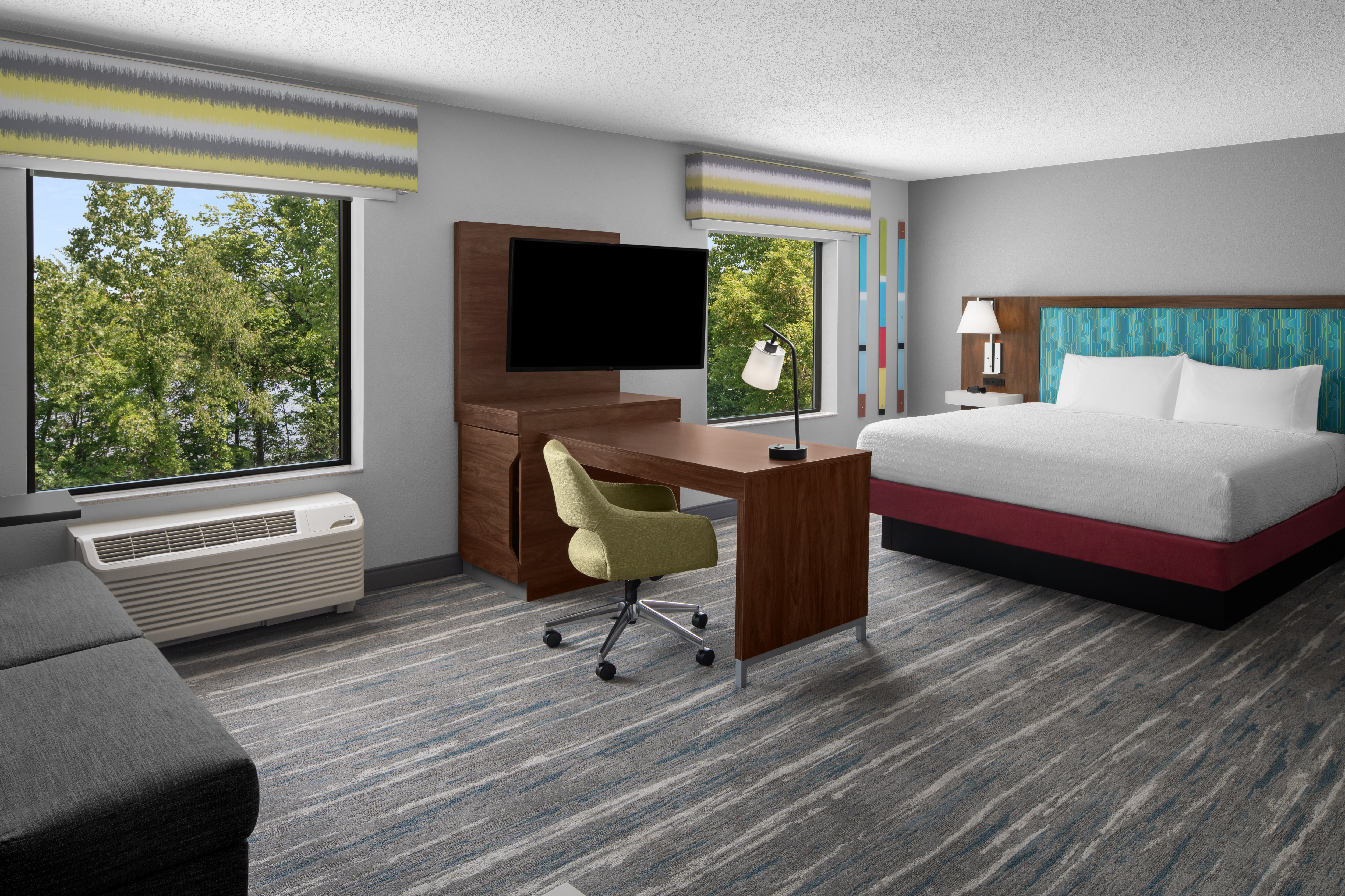 guest suite, 1 king bed, work desk, tv, window views
