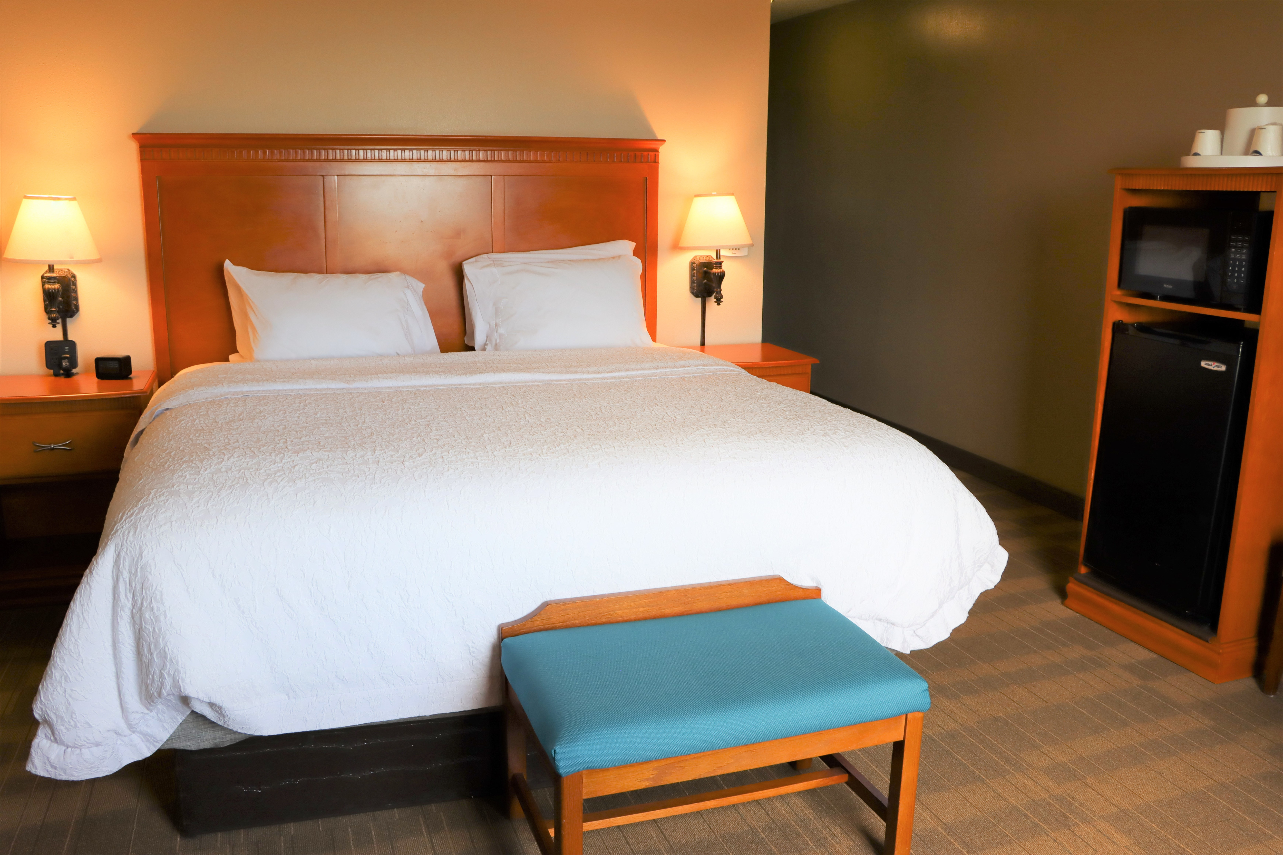 Large Bed Microwave and Mini Fridge in Hotel Guest Room