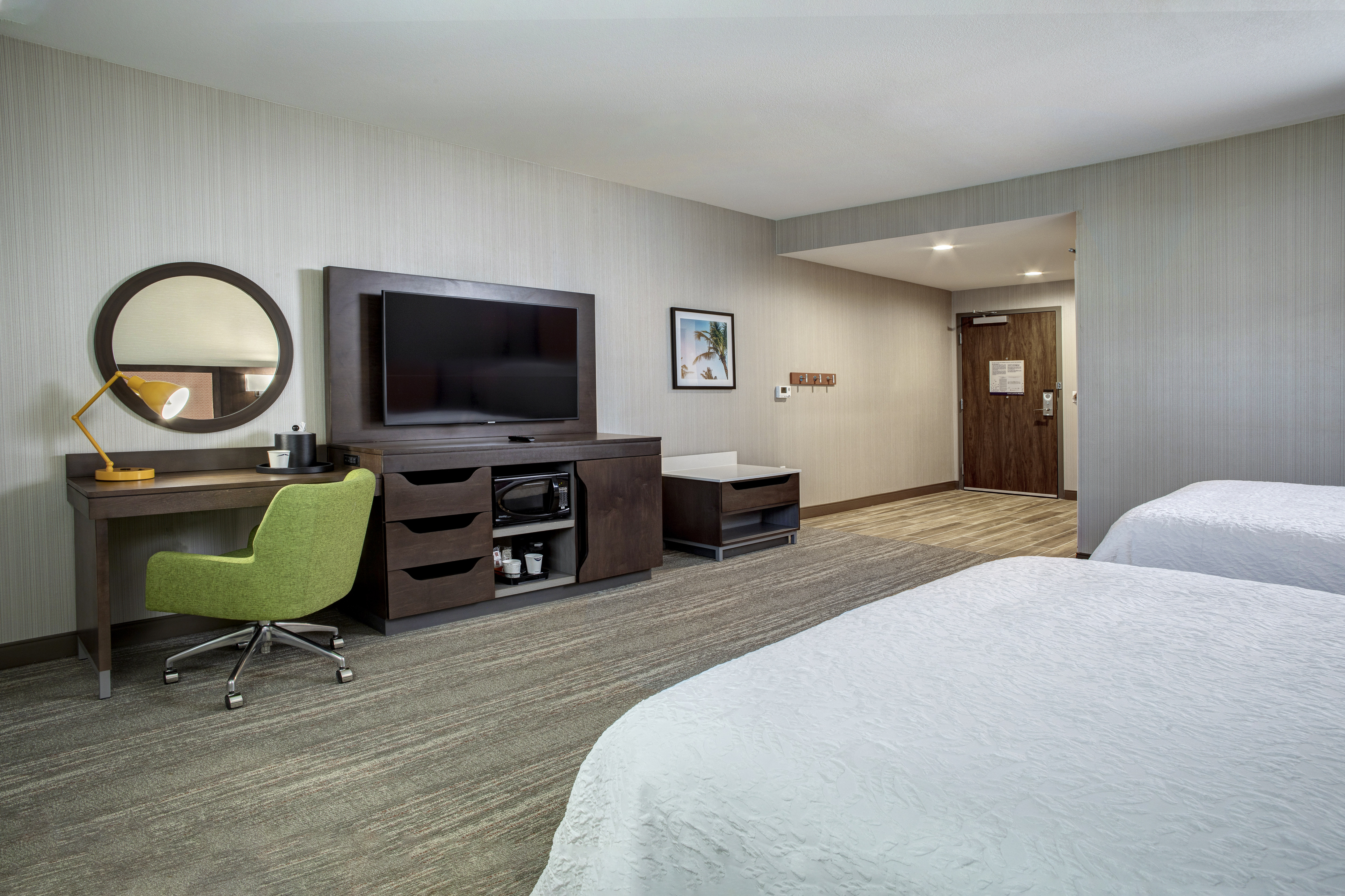 Two Queen size Beds Room with HDTV Desk  Coffeemaker and Microwave