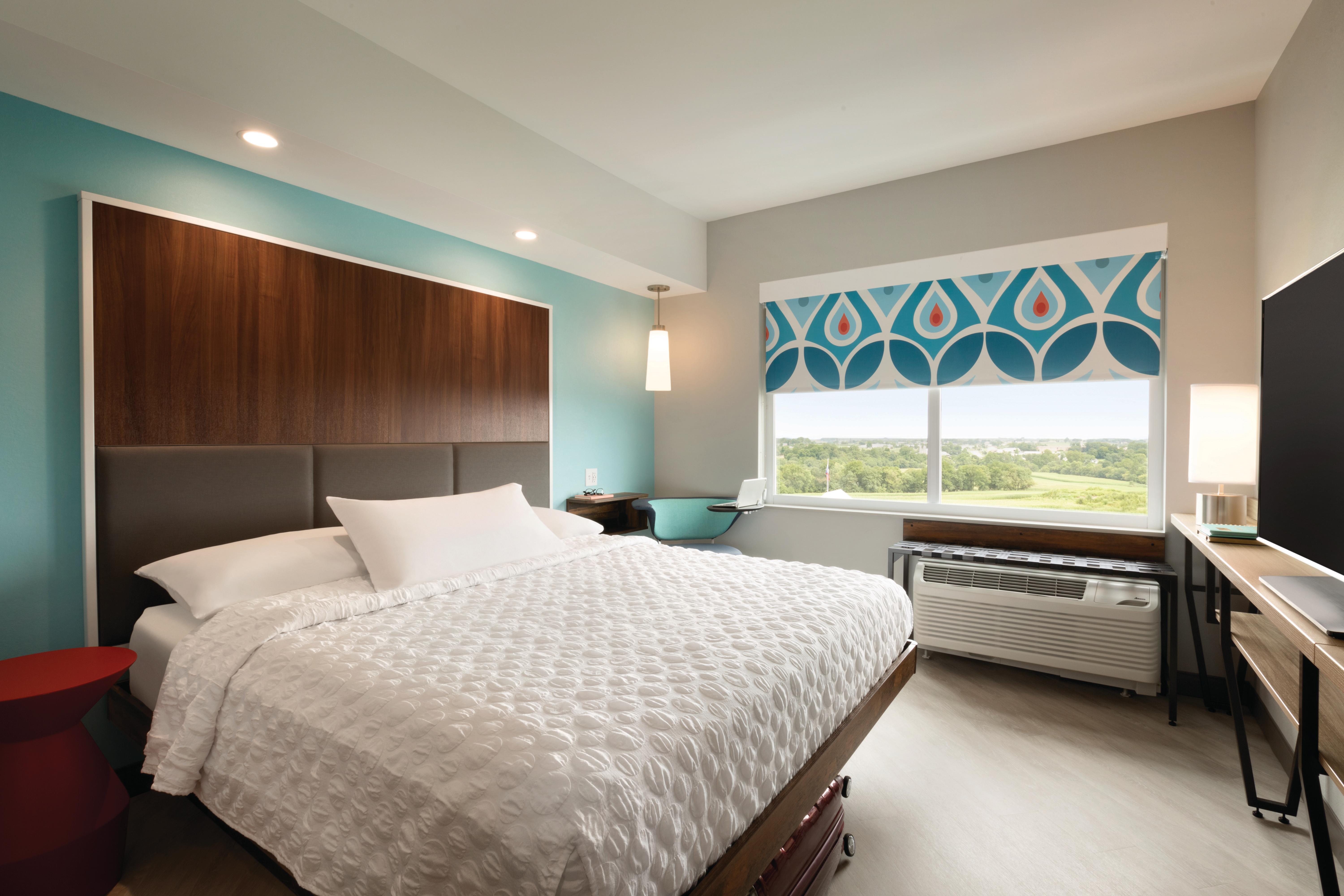 Guest room showing bed with white linens, blue wall, and patterned window covering