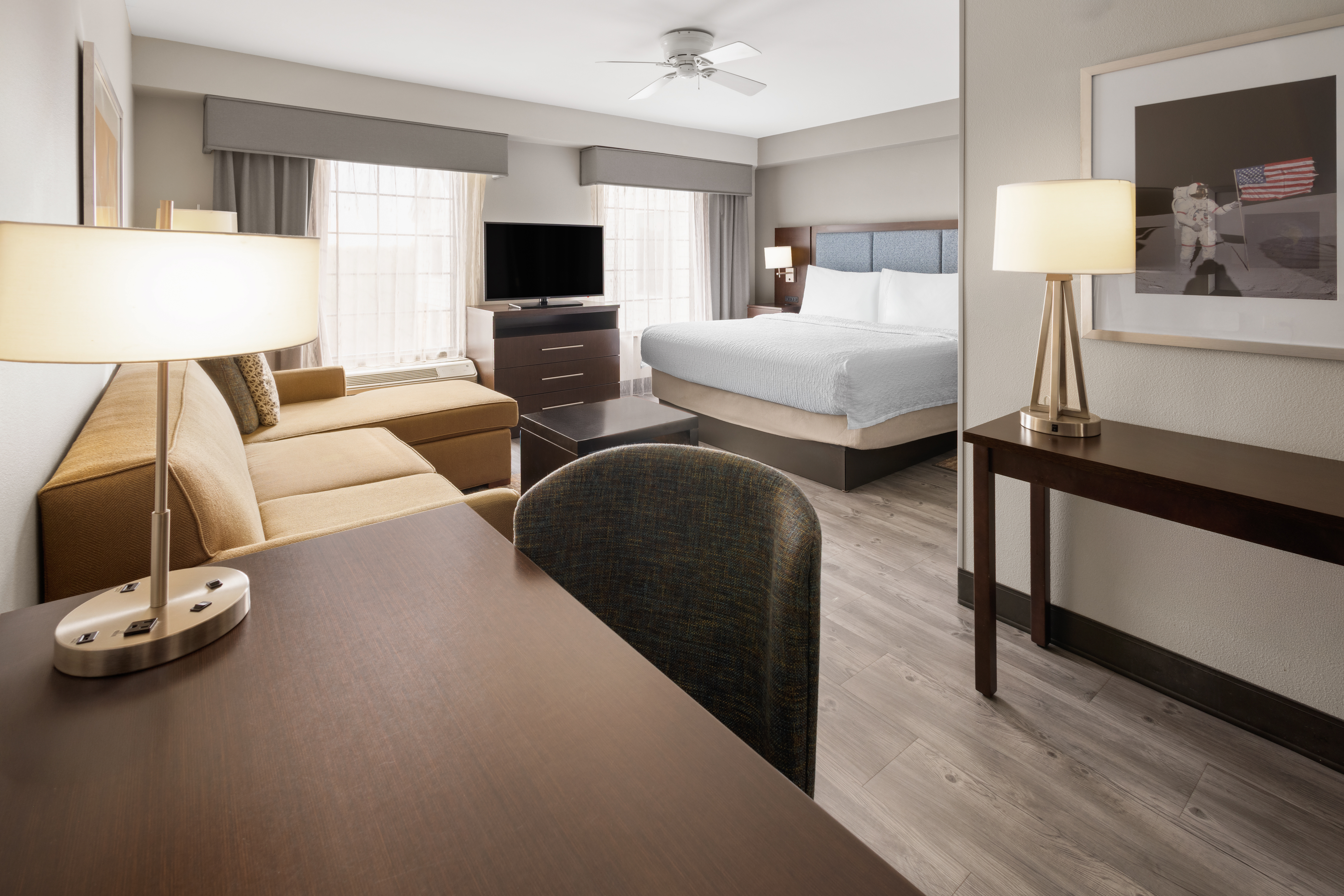 This studio suite features an open plan layout which includes all the comfortable features of home