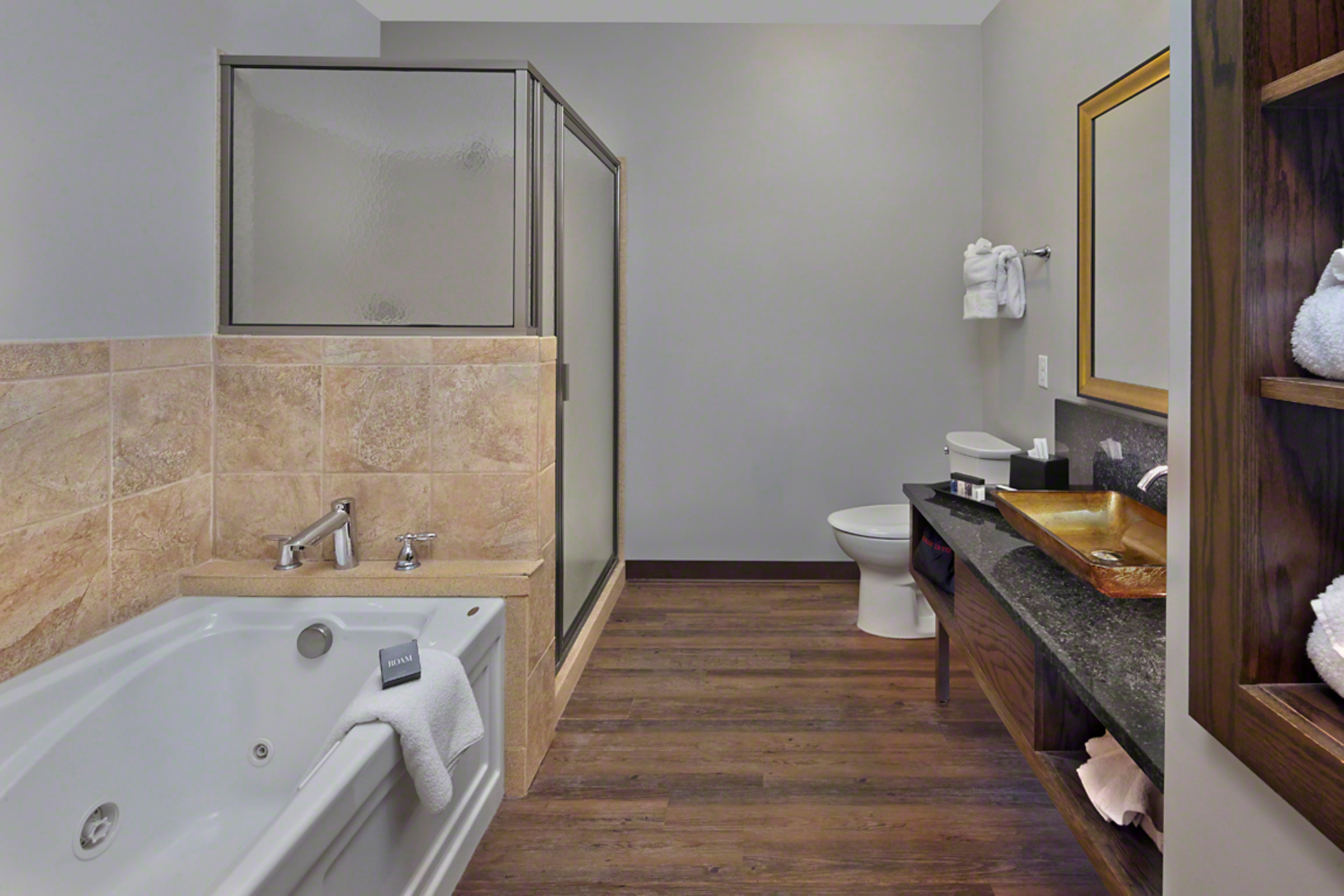 Deluxe bathroom with tub and shower
