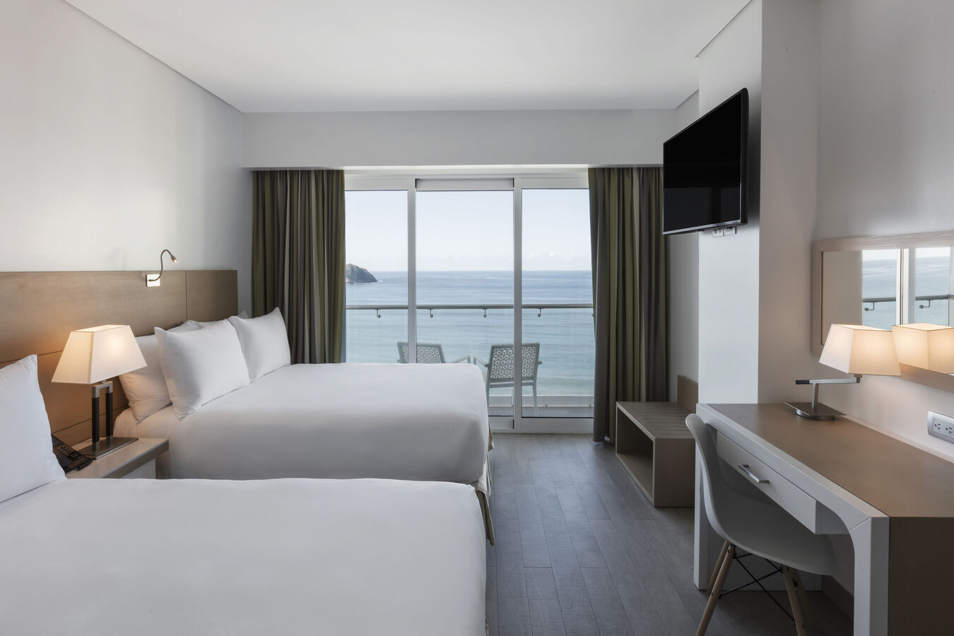 guest room, 2 beds, work desk, tv, window view
