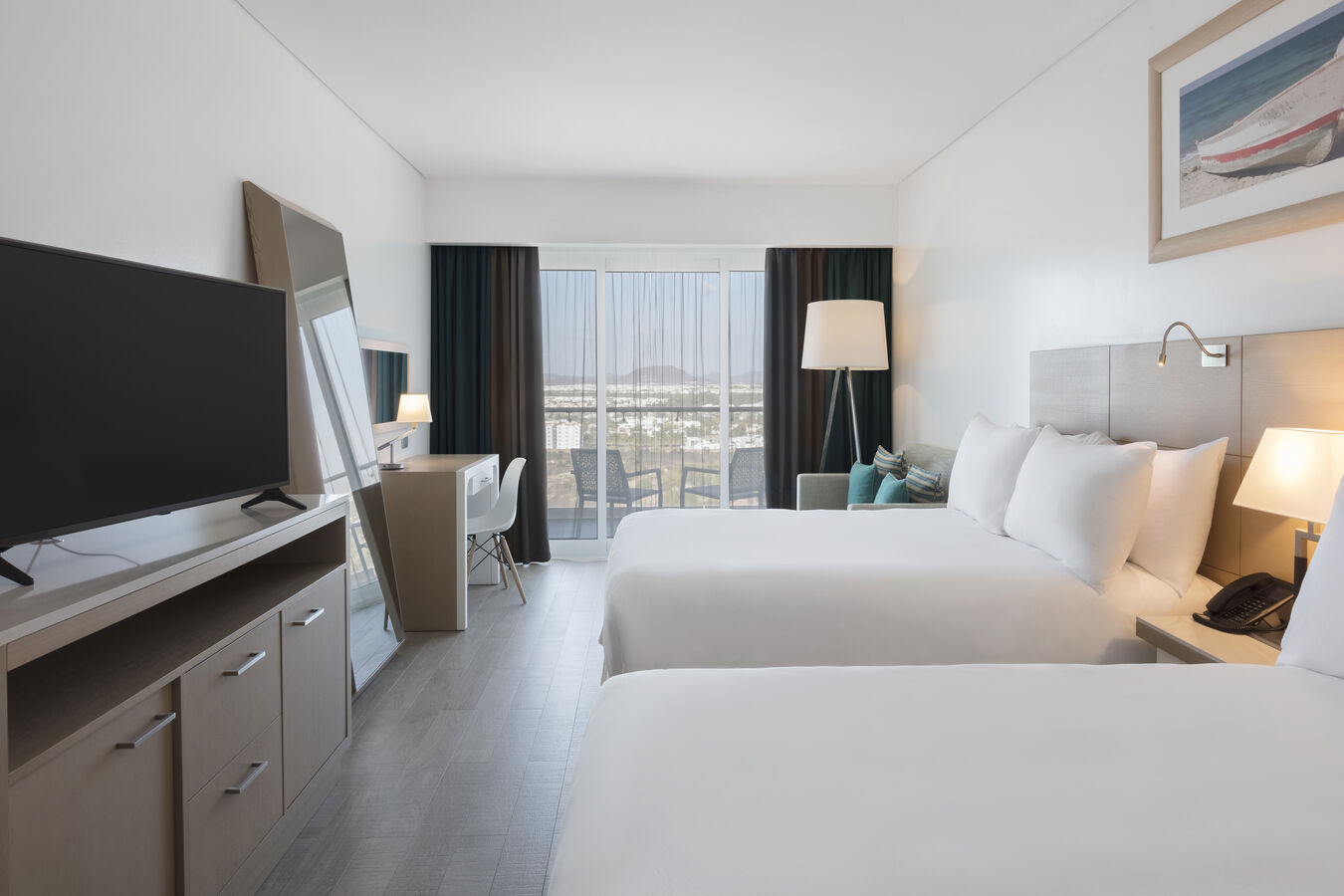 guest room, 2 double beds, tv, work desk, window view