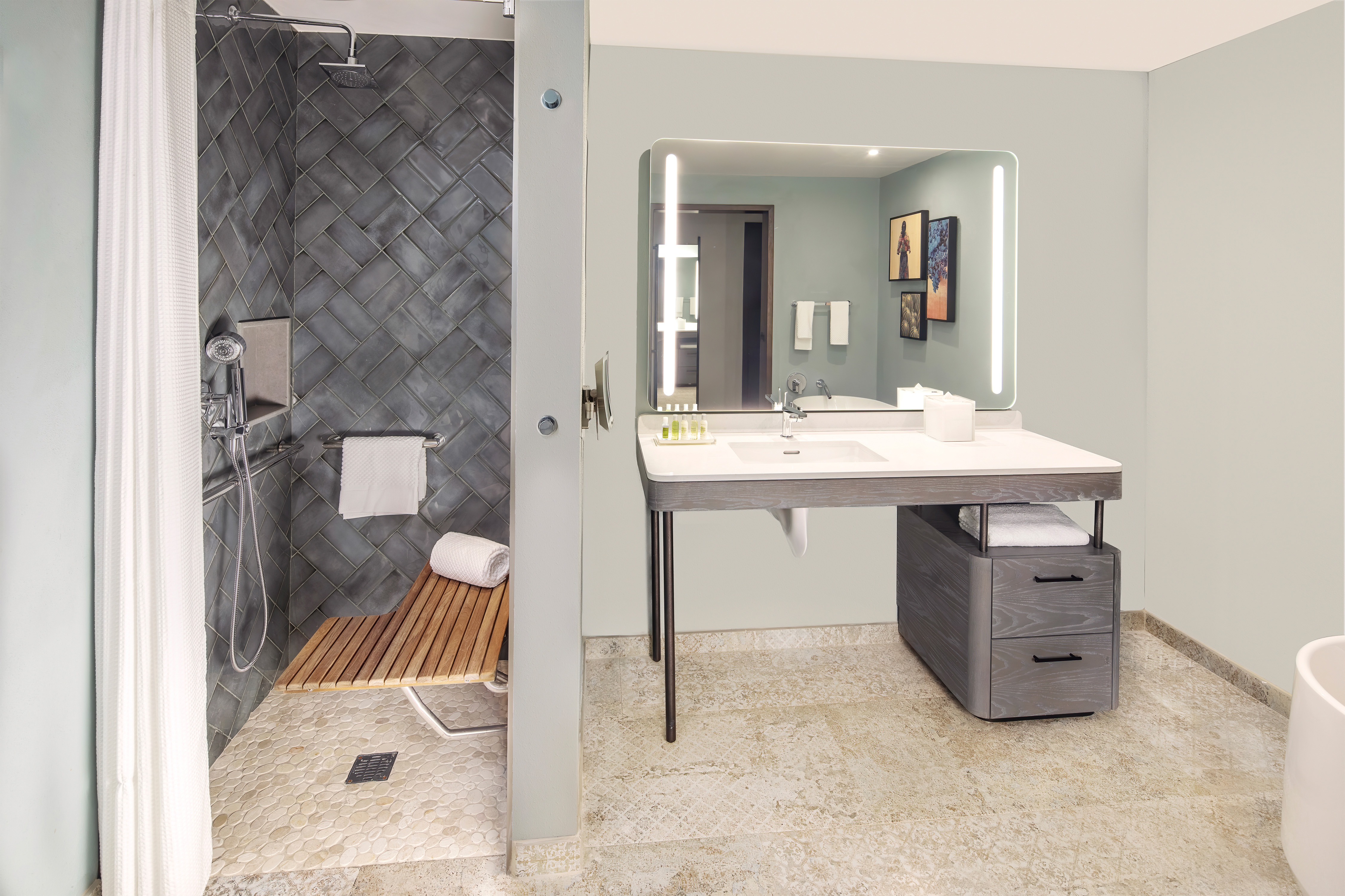 Accessible Bathroom Vanity Area with Seat in 3 by 3 Transfer Shower